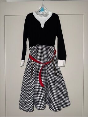 Black & White Houndstooth Kids Dress with Red Belt